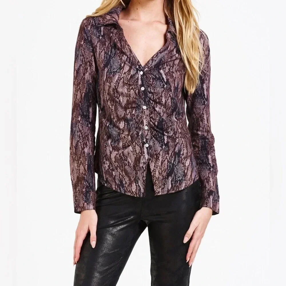 Dear John Snake Print Gathered Front Buttoned Shirt Blouse Top Size Small